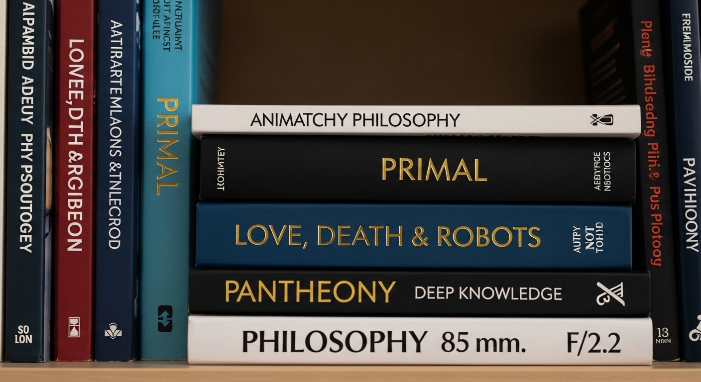 Estanteria de libros de filosofia y psicologia que incluye titulos de series animadas para adultos
