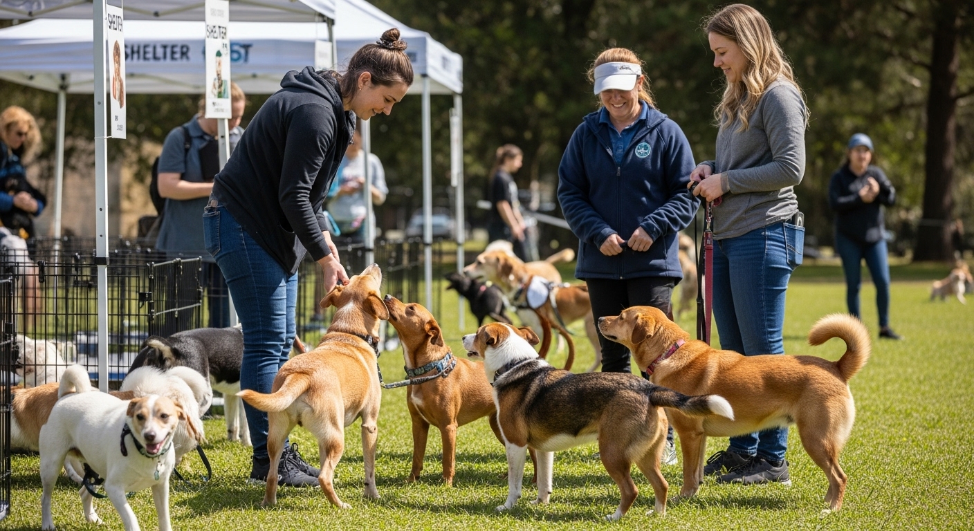 Evento de adopcion de mascotas al aire libre con varios perros esperando encontrar un hogar