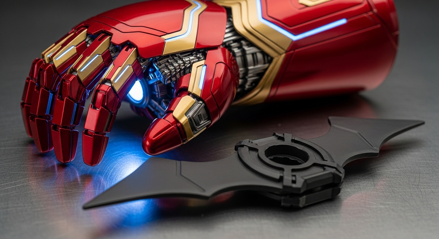 Guante de Iron Man y Batarang de Batman comparando estilos tecnologicos