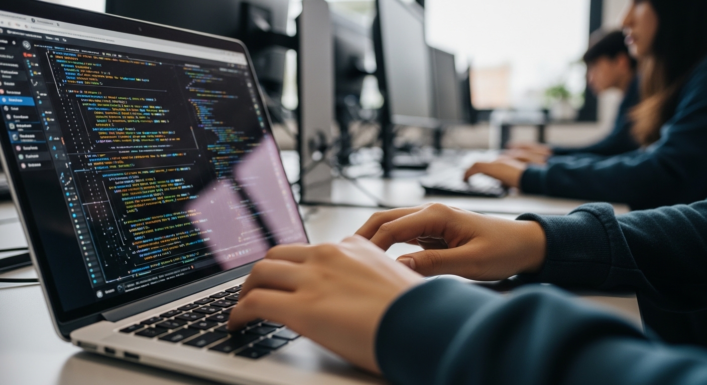 Joven estudiante trabajando en proyectos de tecnologia y coding en un ambiente moderno