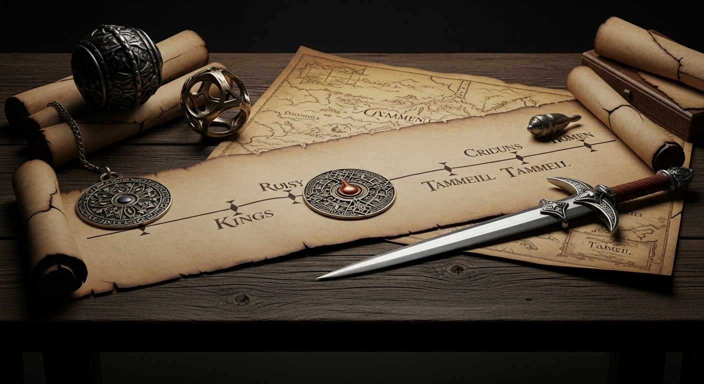 Linea temporal fisica de los juegos de The Elder Scrolls con objetos del juego