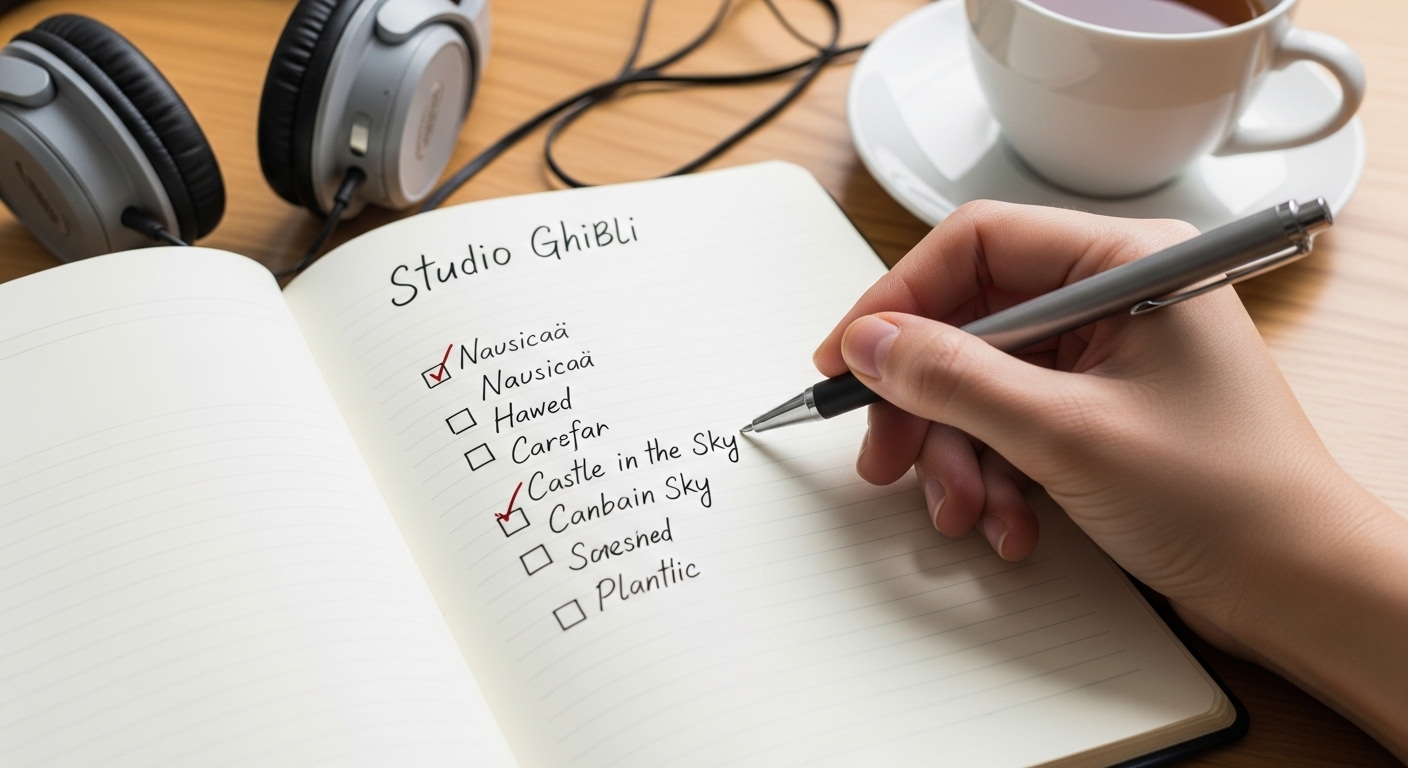 Lista de peliculas de Studio Ghibli en un diario planificando el orden de visualizacion