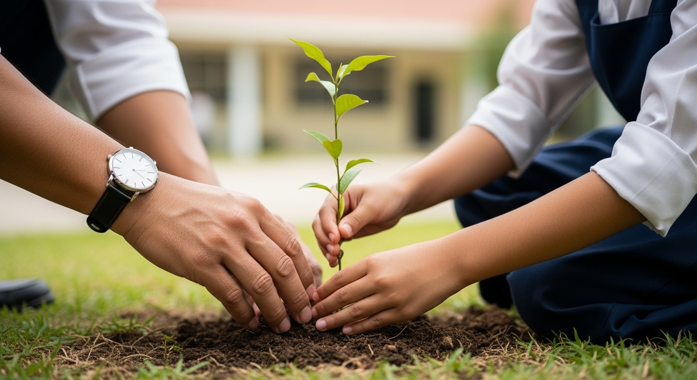 Manos de un adulto y un nino plantando un arbol juntos simbolizando una colaboracion discreta y un legado