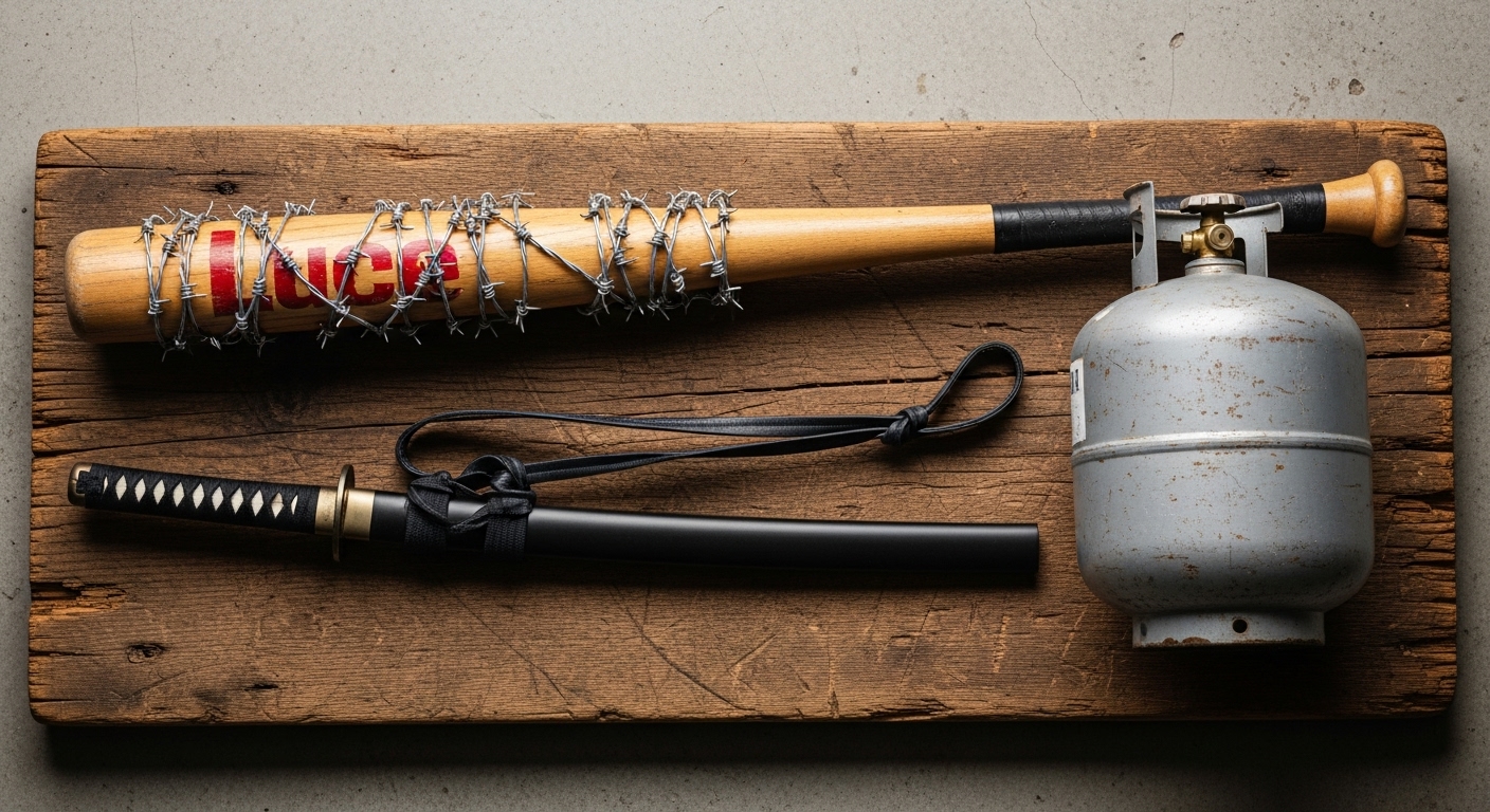 Objetos iconicos de The Walking Dead el bate Lucille de Negan la katana de Michonne y un tanque de propano