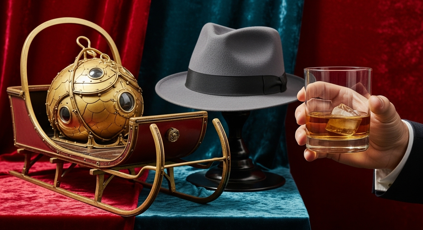 Películas que Todo Amante del Cine Debería Ver al Menos Una Vez en la Vida 1 Objetos iconicos del cine el trineo Rosebud de Ciudadano Kane y una copa de whisky en un fondo oscuro