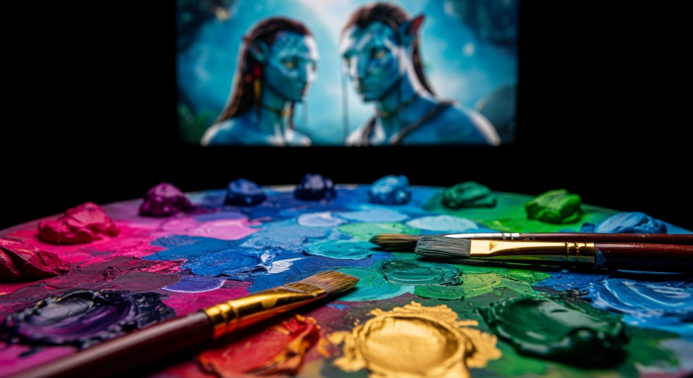 Películas que Todo Amante del Cine Debería Ver al Menos Una Vez en la Vida 2 Paleta de colores vibrantes y pinceles frente a una pantalla de cine con una escena de la pelicula Avatar