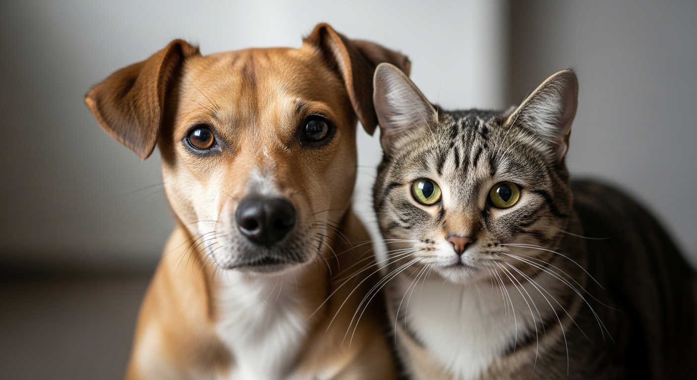 Perro con discapacidad y gato rescatados mirando afectuosamente a camara