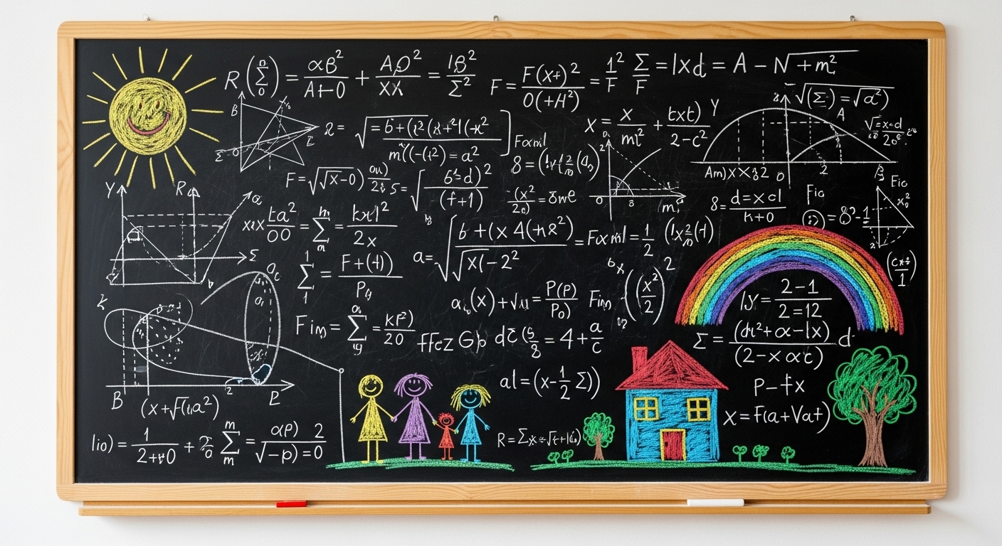 Pizarra llena de dibujos y ecuaciones infantiles con un globo terraqueo en primer plano