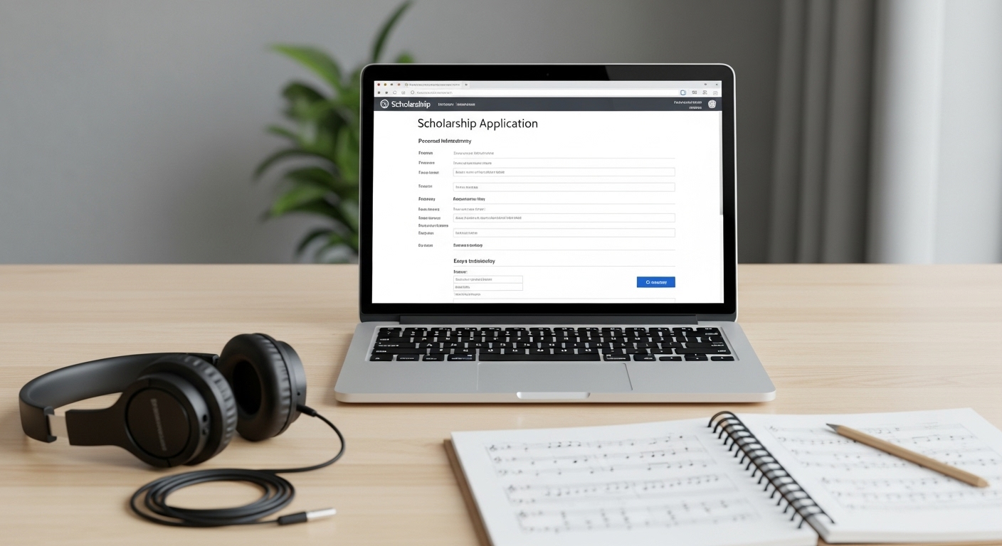 Cantantes que Financiaron Becas Completas para Estudiantes de Bajos Recursos 2 Portatil mostrando una solicitud de beca musical en linea proceso de aplicacion