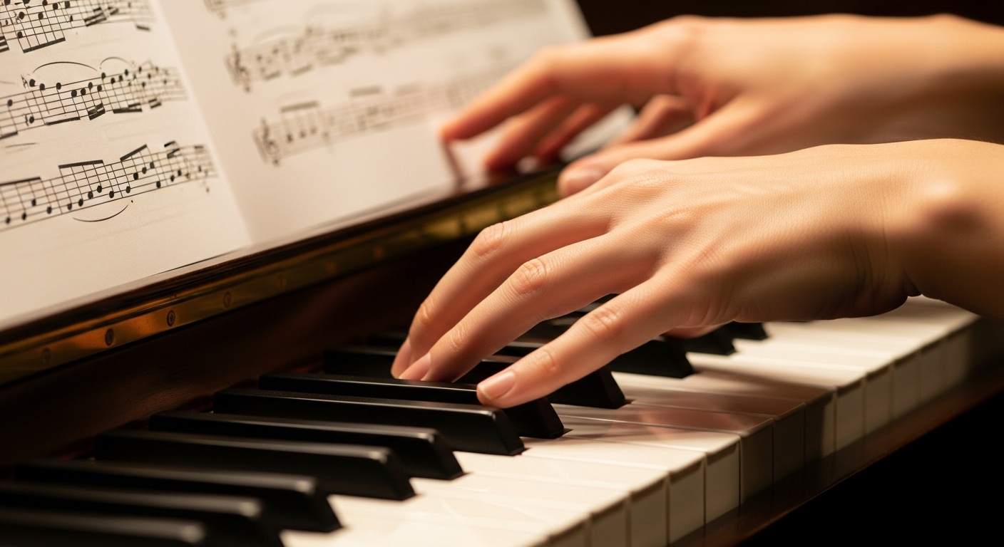 Cantantes que Financiaron Becas Completas para Estudiantes de Bajos Recursos 1 Primer plano de las manos de un pianista practicando detalle de dedicacion musical