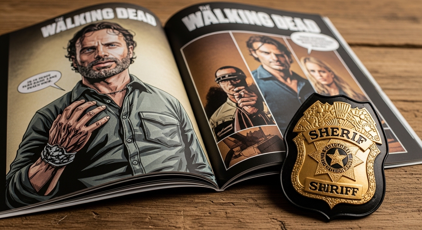 Rick Grimes del comic sin mano junto a la placa de sheriff de la serie de TV