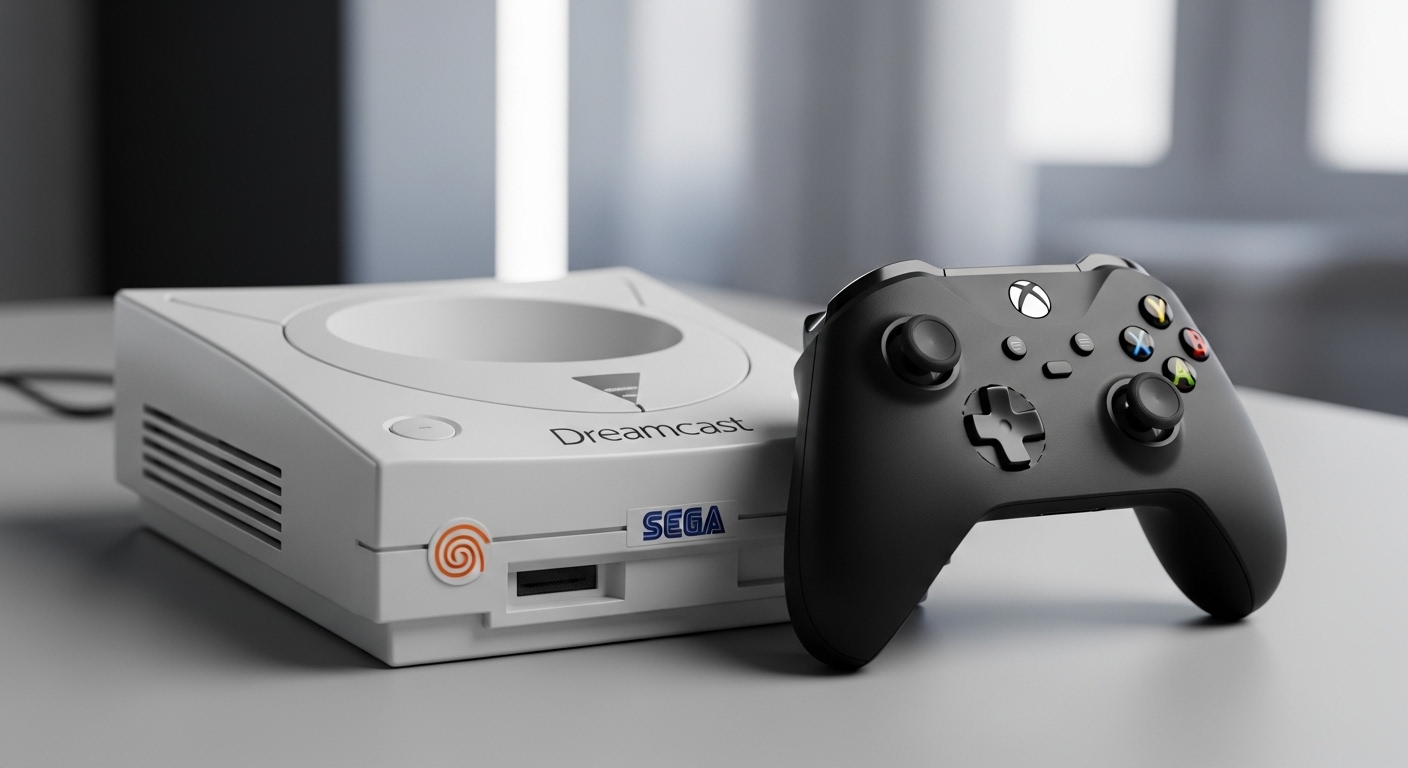 Sega Dreamcast junto a un mando de consola moderna representando la evolucion del gaming