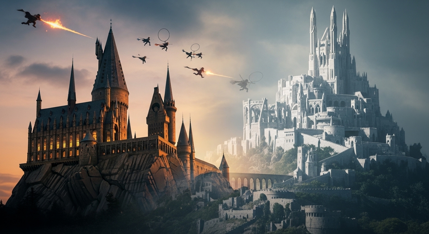 Superposicion creativa de Hogwarts y Minas Tirith comparando mundos de fantasia
