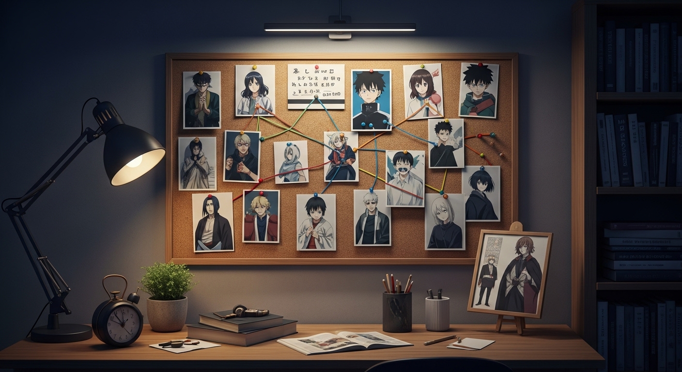 Animes con Protagonistas que No Son los Típicos Héroes Perfectos 2 Tablero de conexiones con diferentes antiheroes del anime y sus caracteristicas principales