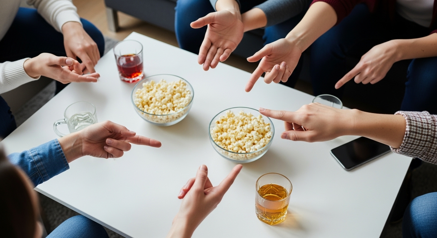 Vista cenital de un debate animado entre amigos con bebidas y snacks