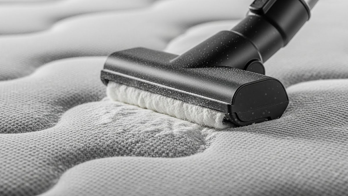 Aspirando el bicarbonato del colchón con el accesorio adecuado para una retirada completa de residuos.