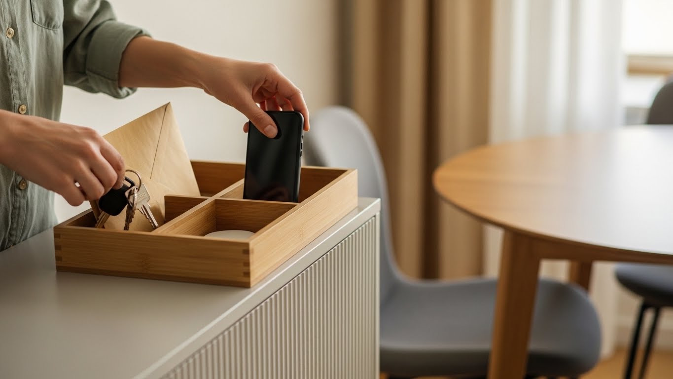 Bandeja organizadora para objetos diarios al lado de la mesa del comedor