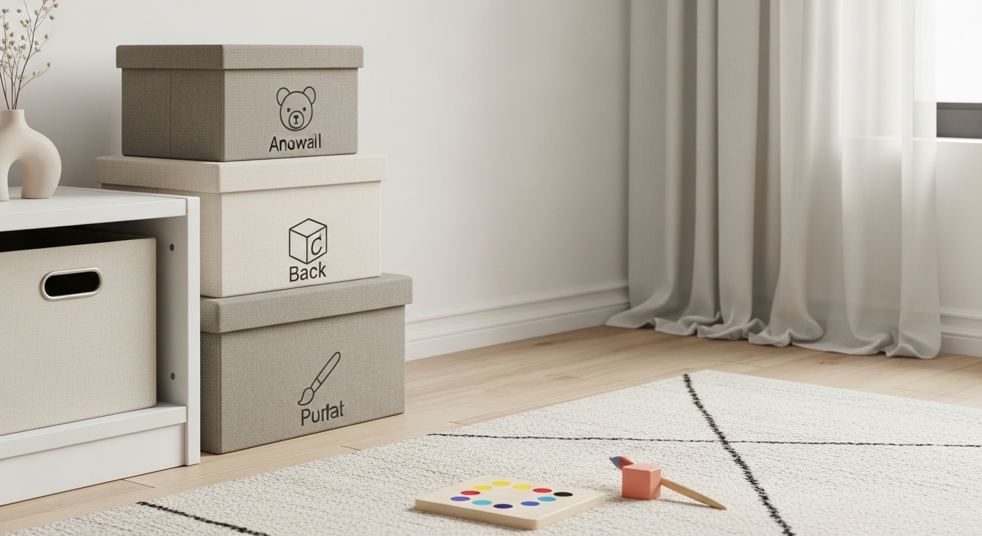 Cajas de tela apilables y etiquetadas para la rotacion de juguetes en un espacio de juego infantil