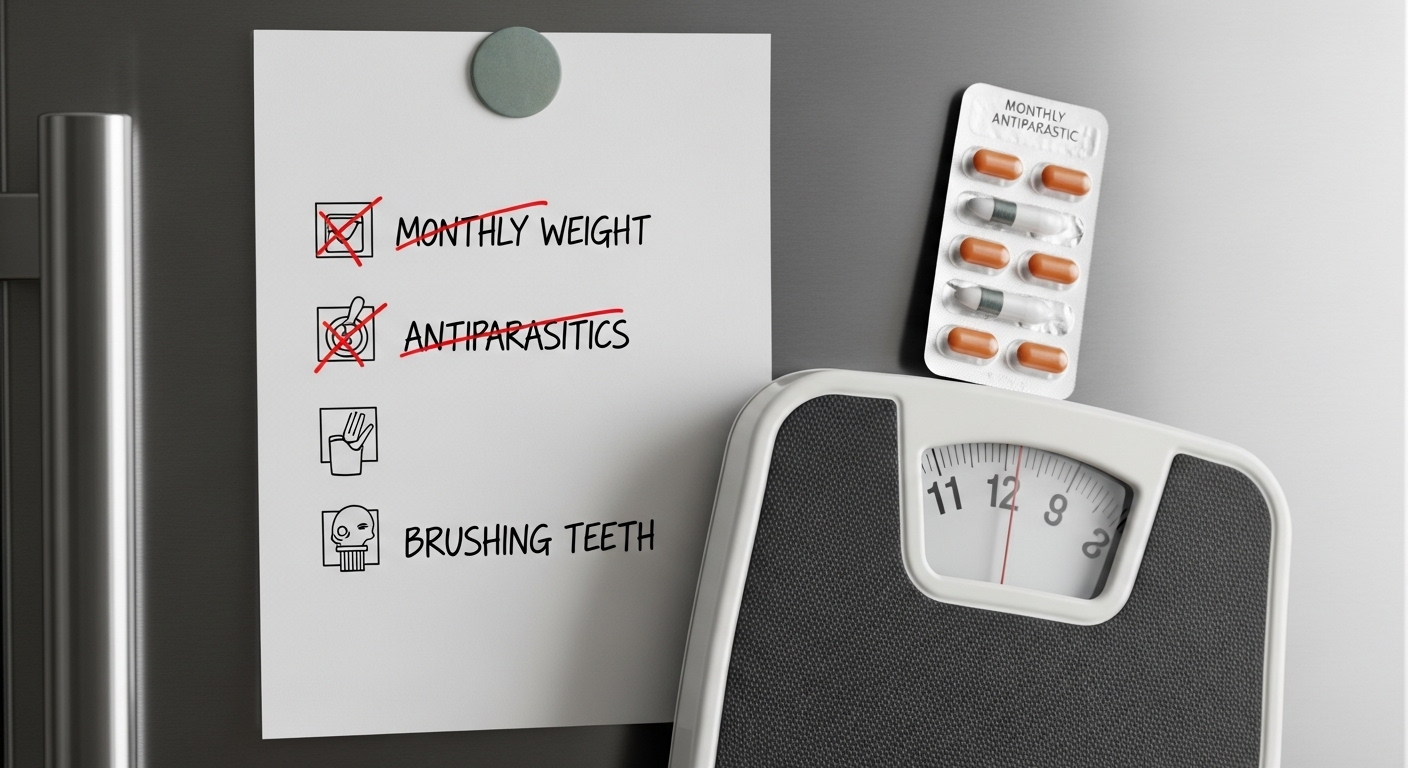 Checklist o lista de verificacion para cuidados preventivos de mascotas pegada en una nevera