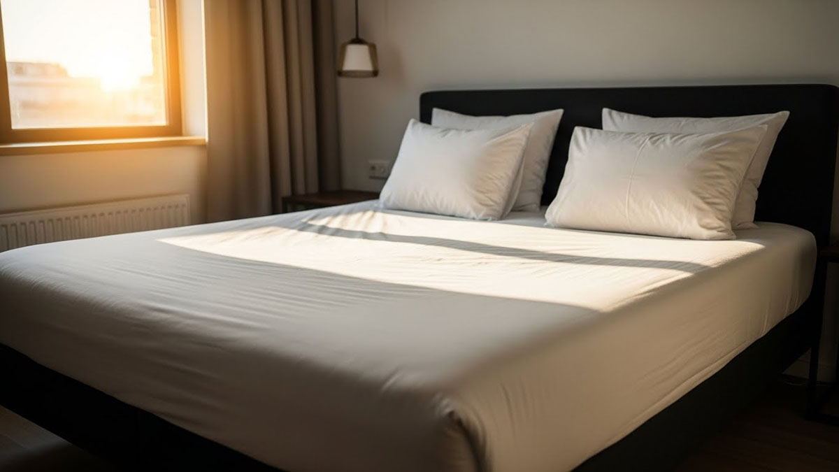 Colchón limpio y fresco con ropa de cama blanca, listo para ofrecer una noche de descanso saludable.