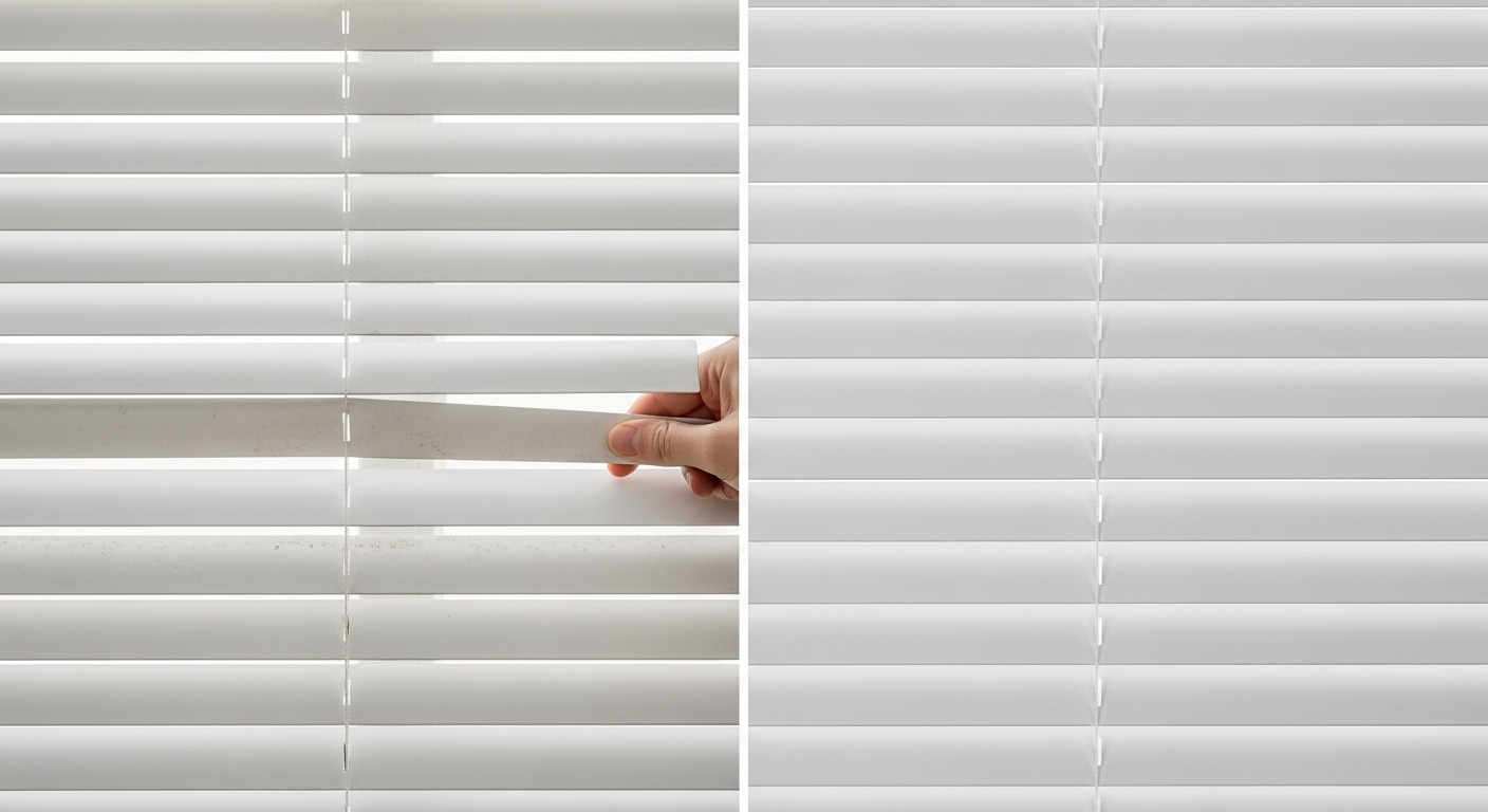 Comparacion de una persiana veneciana danada y sucia frente a una limpia y en perfecto estado