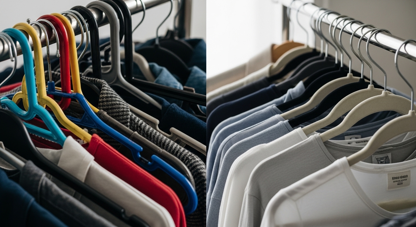 Cómo organizar un armario pequeño para maximizar el espacio 2 Comparacion entre perchas gruesas desunidas y perchas delgadas uniformes en un armario