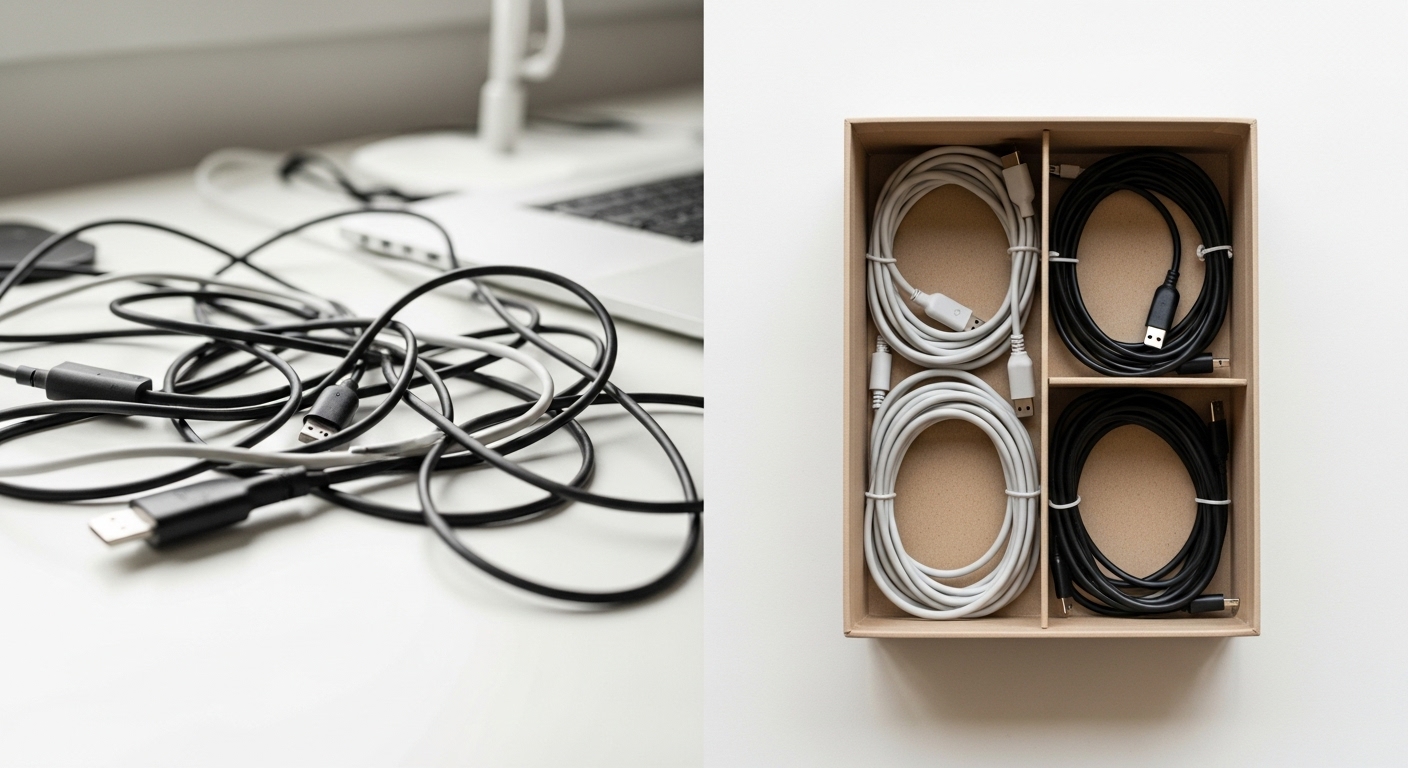 Comparacion visual del caos de cables versus el orden logrado con un organizador hecho de materiales reciclados