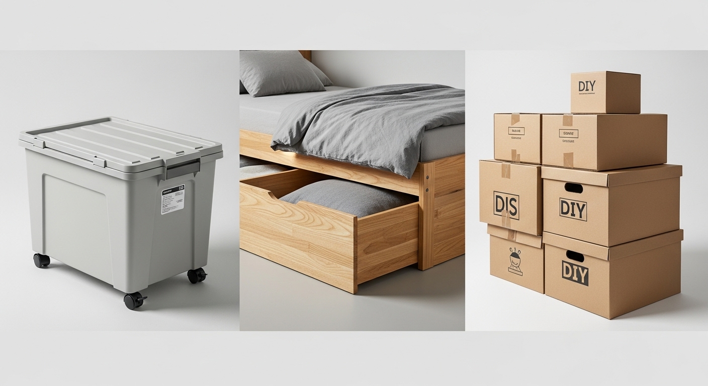 Comparativa visual de tres tipos de sistemas de almacenamiento bajo cama contenedor cajon integrado y DIY