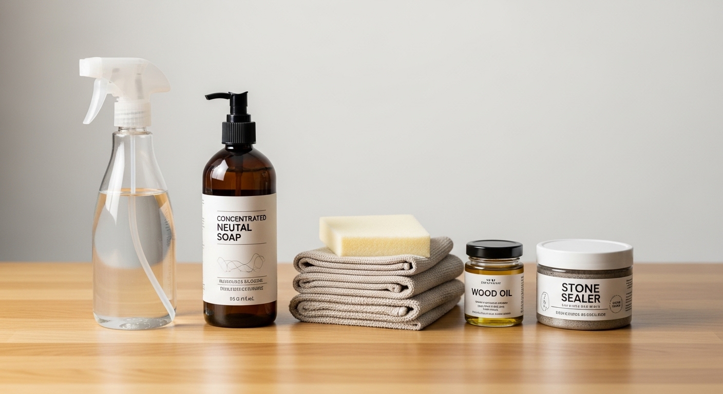 Conjunto de productos esenciales para el cuidado de diferentes tipos de encimeras