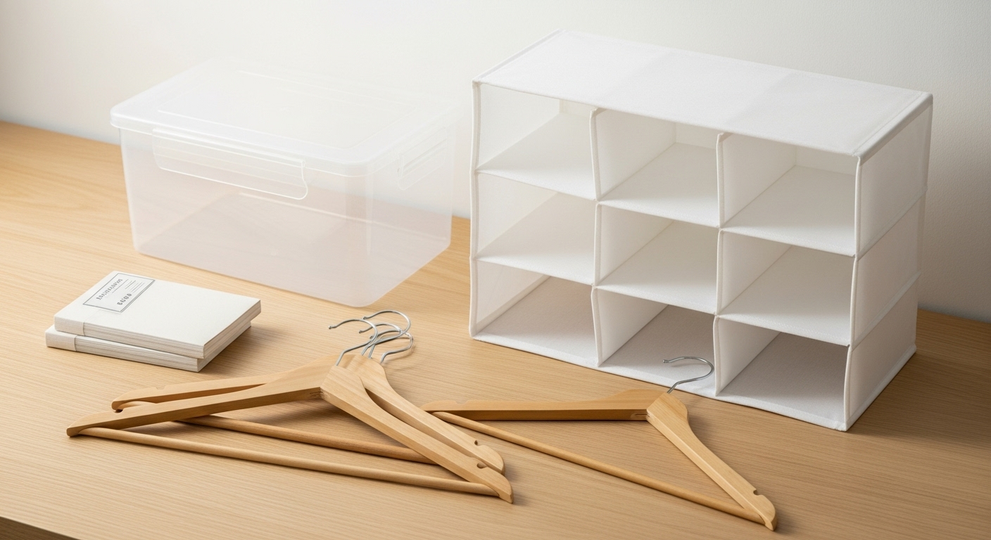 Conjunto de productos esenciales para organizar el armario percheros finos organizador de tela y caja transparente