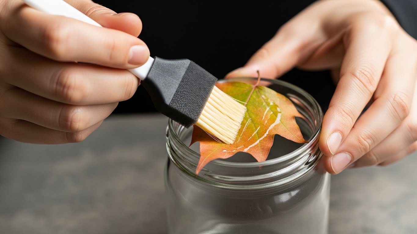 Cómo hacer portavelas con hojas de otoño y frascos 2 Detalle de la tecnica de sellado aplicando pegamento sobre una hoja en un frasco para manualidades