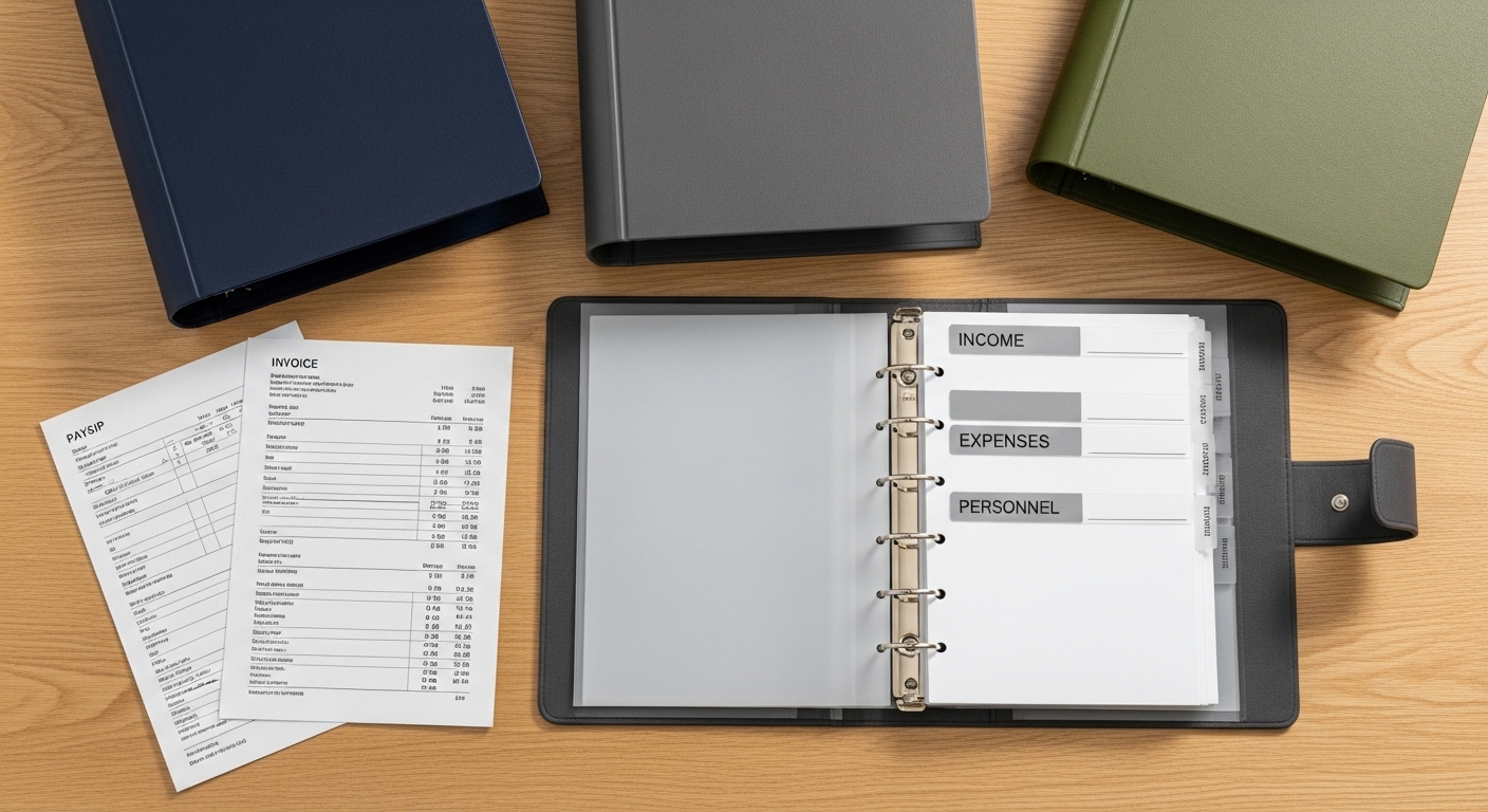 Detalle de tres carpetas de archivo organizadas con separadores para gestionar documentos de impuestos