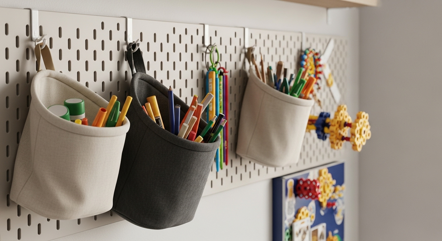 Detalle de un panel de organizacion perforado en la pared con cestos y juguetes colgantes solucion de almacenamiento vertical