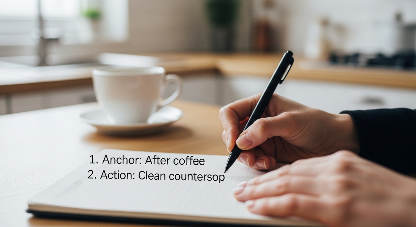 Ejemplo visual de como planificar un habito apilado para la limpieza anotando anclaje y accion