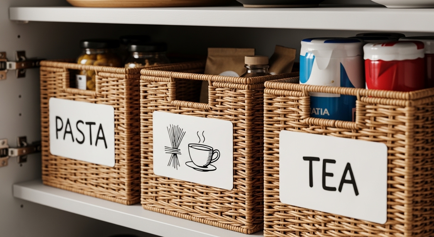 Errores comunes al organizar la casa y cómo solucionarlos con TDAH 1 Estanteria de cocina abierta con cestas etiquetadas con palabras e iconos ejemplo de organizacion visual para TDAH