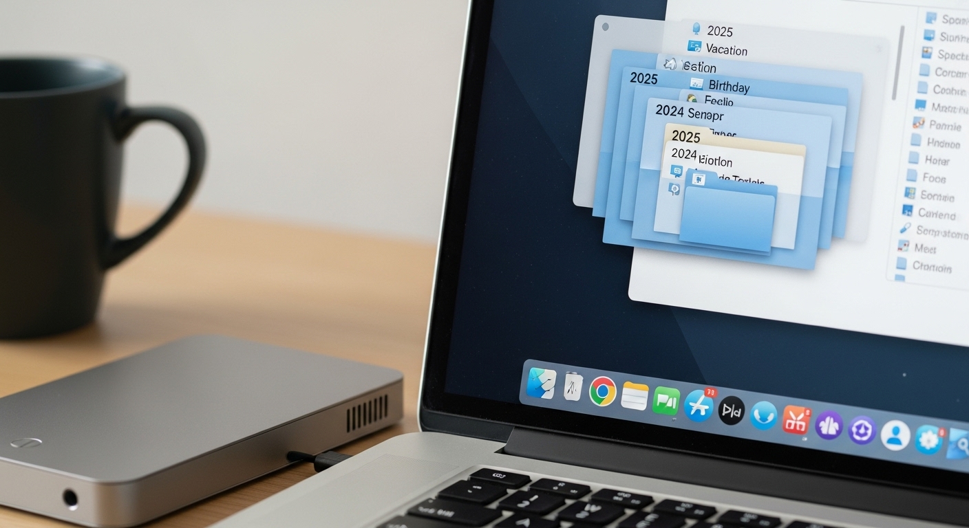 Estructura clara de carpetas digitales organizadas por ano y evento en la pantalla de un ordenador