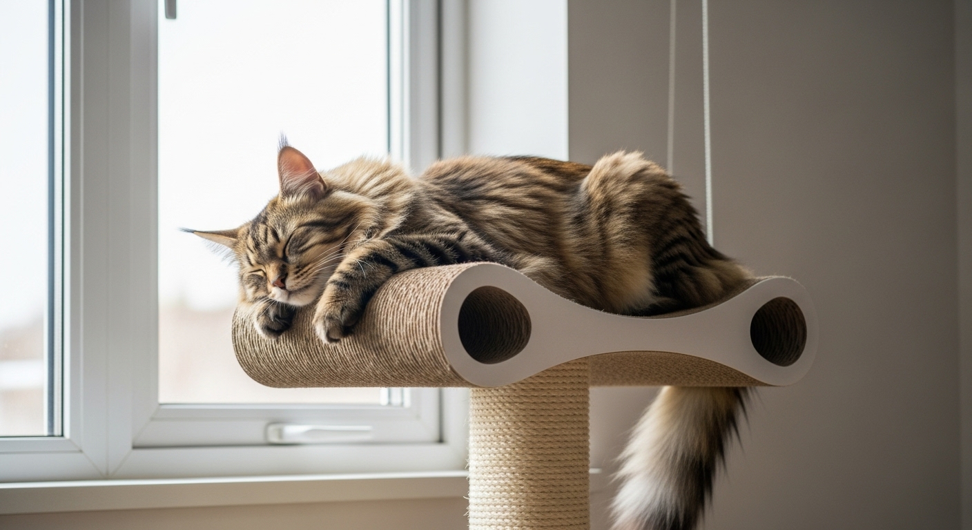 Gato relajado durmiendo en una torre de rascado alta junto a la ventana ejemplificando un refugio seguro vertical