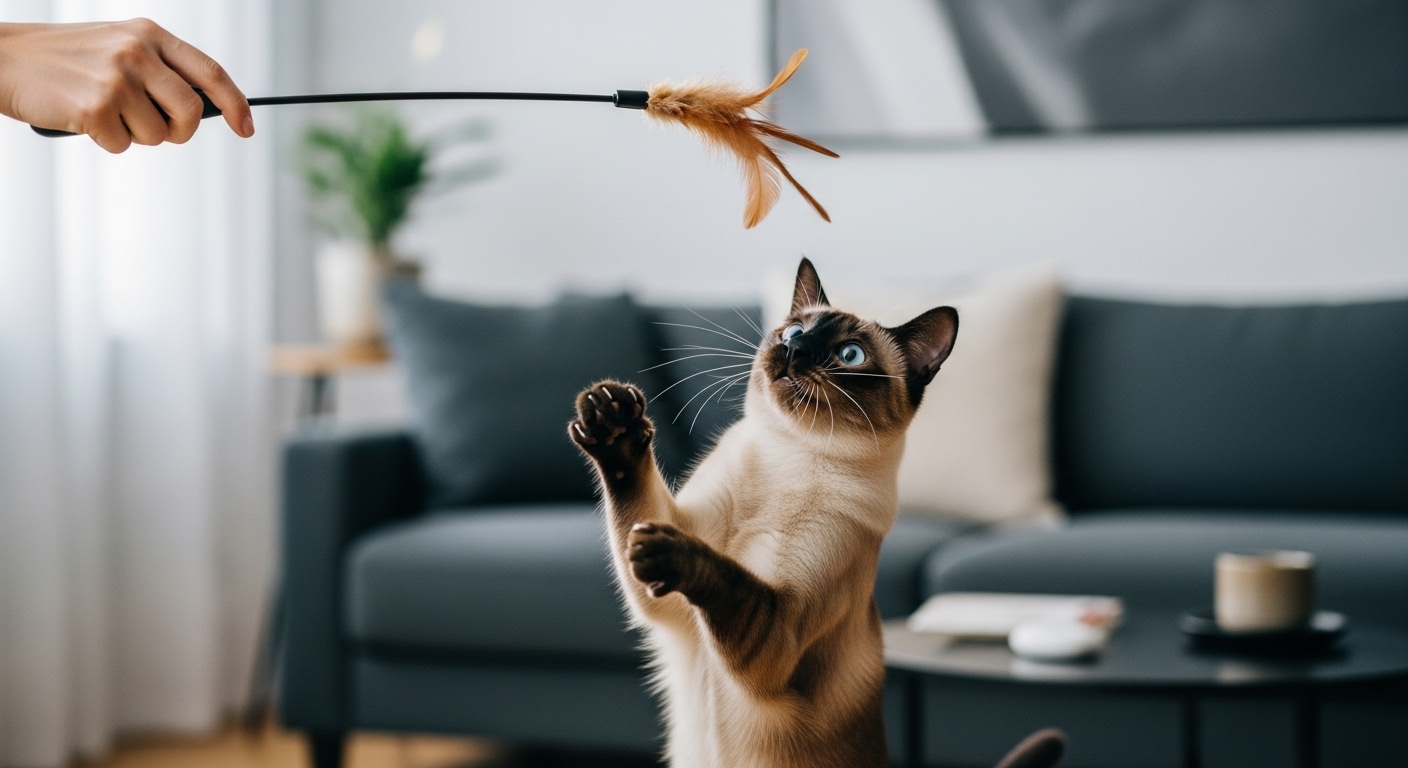 Gato saltando para atrapar un juguete de varita con plumas durante un juego interactivo