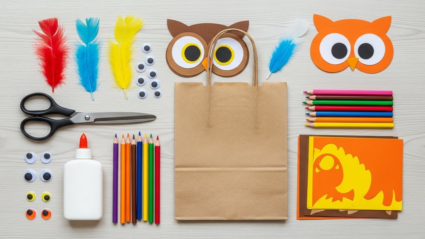 Lista de materiales para manualidad bolsa de papel tijeras pegamento ojos moviles plumas y cartulinas