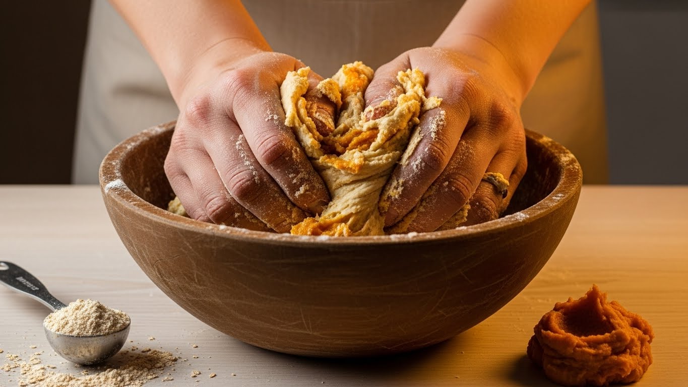 Manos amasando masa para galletas caseras de perro con harina de avena y calabaza