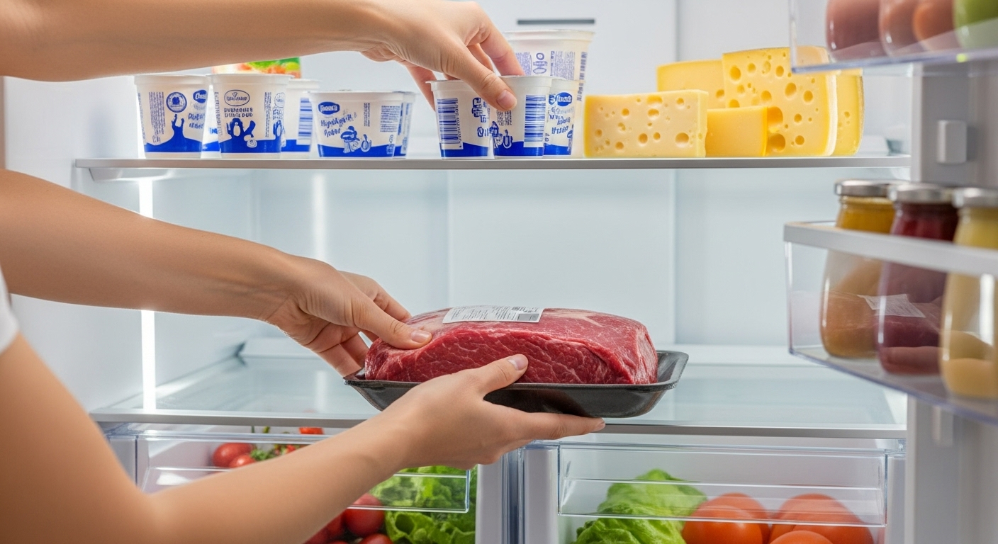 Manos colocando carne cruda en el estante mas frio de la nevera y lacteos en un estante superior aplicando la regla de las zonas de temperatura