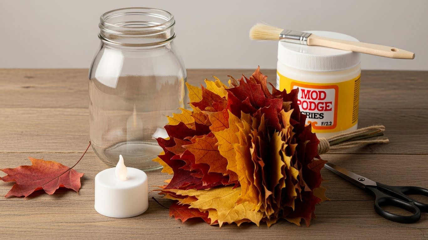 Cómo hacer portavelas con hojas de otoño y frascos 1 Materiales necesarios para hacer un portavelas con hojas frasco hojas secas pegamento Mod Podge pincel y vela LED