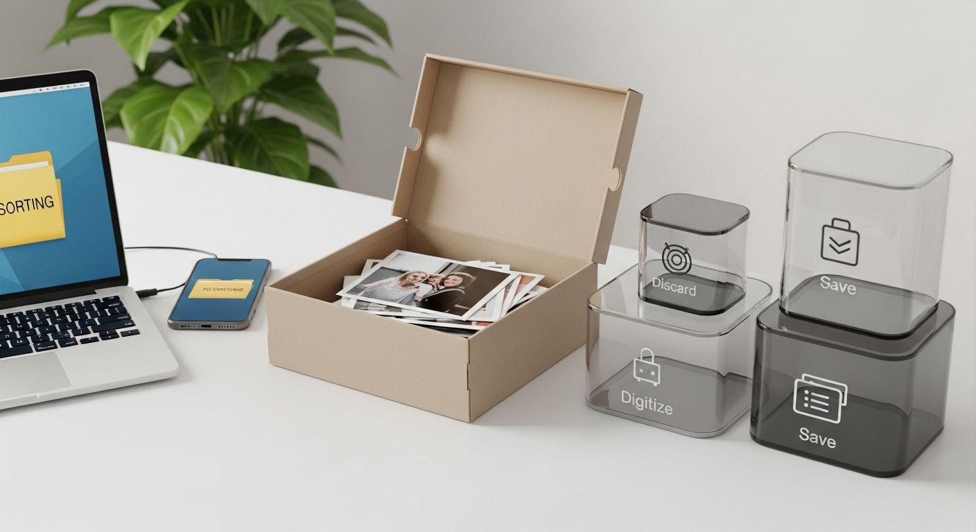 Materiales para el primer paso de organizacion de fotos movil portatil caja de fotos y contenedores para clasificar