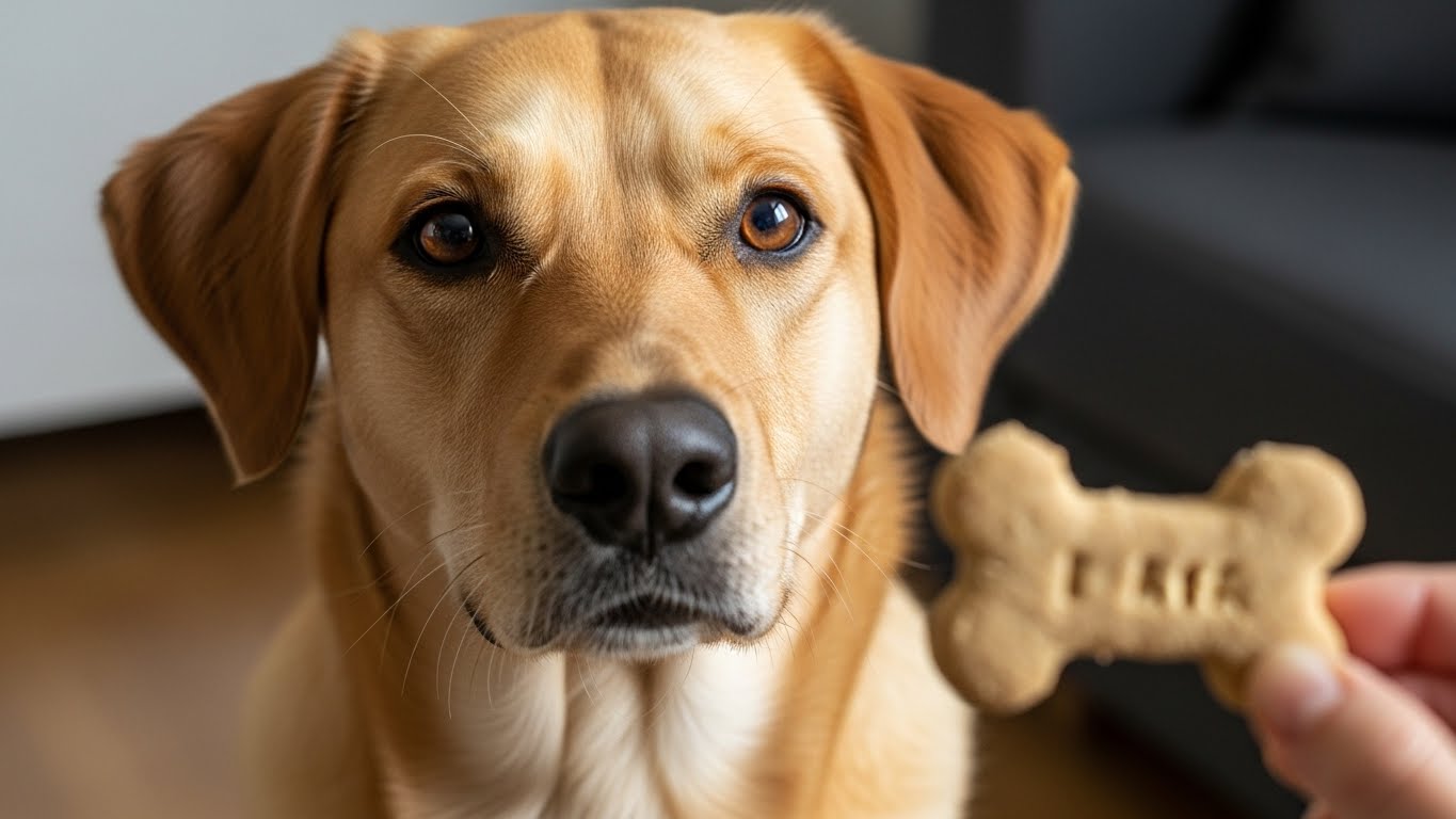 Perro feliz y expectante mirando una galleta casera para perros sostenida por una mano