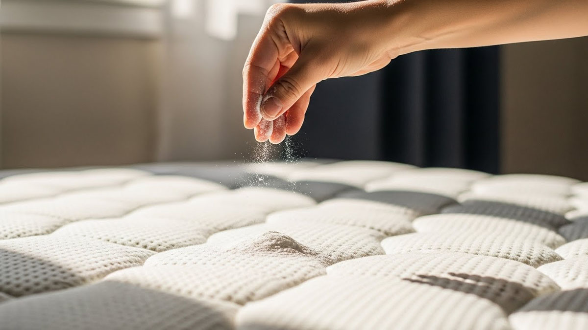 Persona aplicando bicarbonato de sodio de manera uniforme sobre un colchón para limpiarlo y desodorizarlo de forma natural.