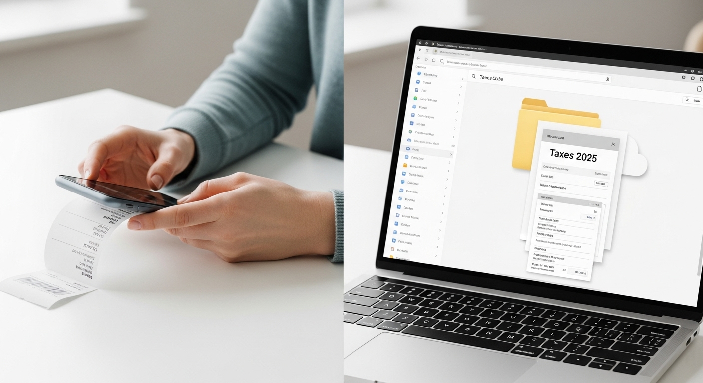 Persona digitalizando un recibo con el movil mientras organiza archivos en una carpeta digital de impuestos en su computadora