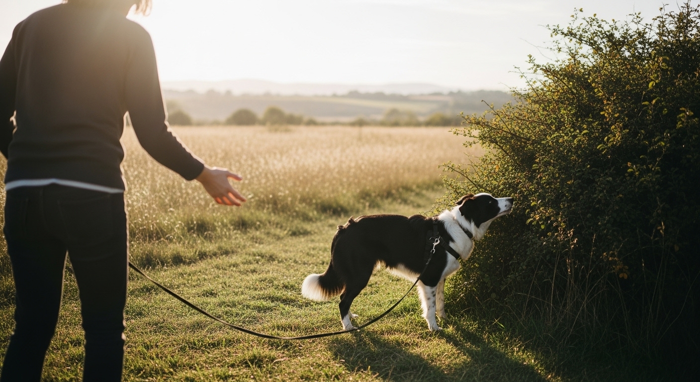Persona llamando a su perro distraido durante un paseo al aire libre