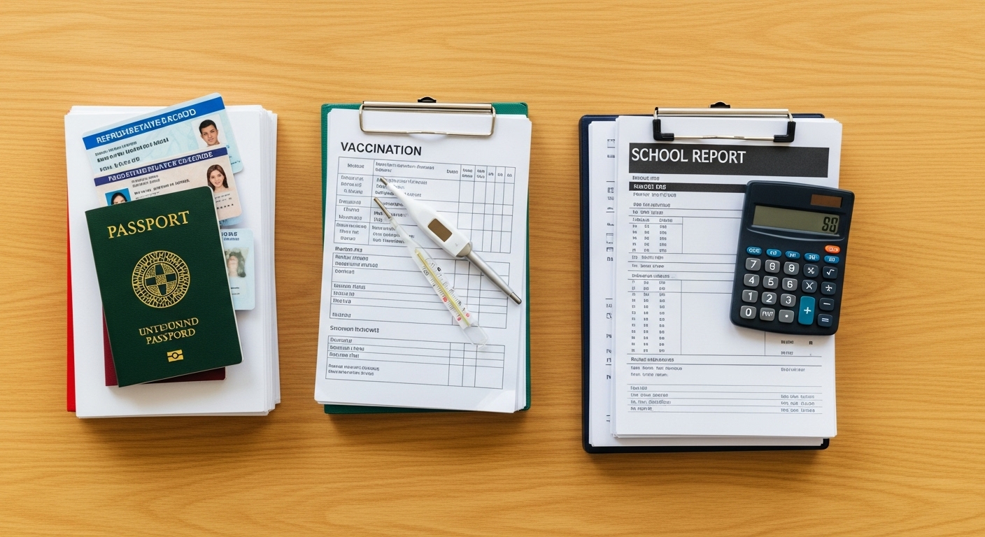 Primer plano de documentos familiares categorizados identificacion salud escuela y finanzas