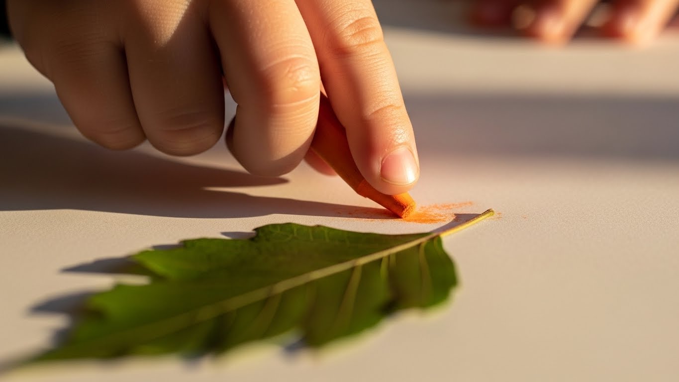 Cómo hacer calcos de hojas de otoño con niños (y por qué deberías probarlo) 1 Primer plano de la tecnica correcta para calcar hojas frotando un crayon de lado