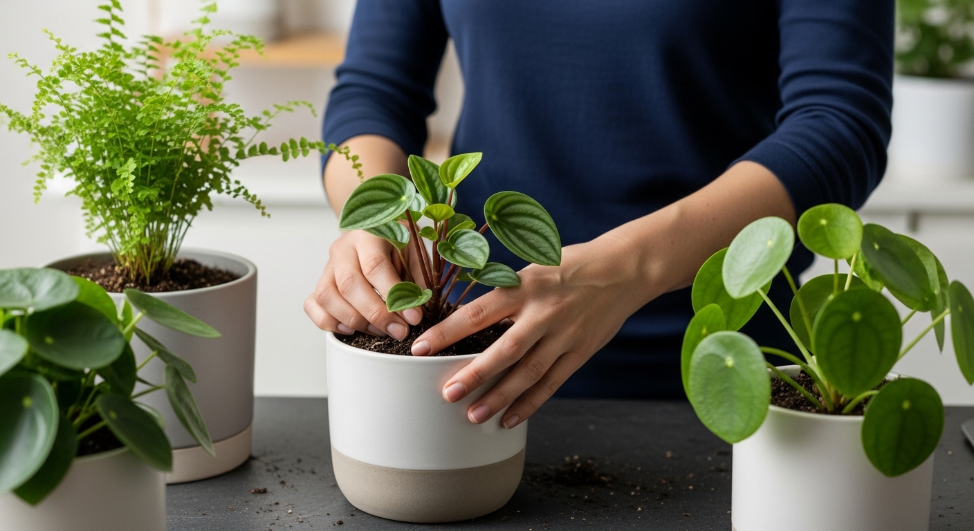 Primer plano de manos trasplantando una Peperomia planta segura para mascotas